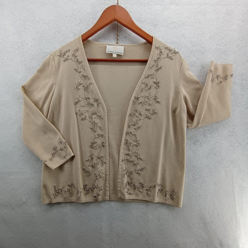 Sandra Darren Cardigan Women S Beige Beaded Floral Open Front Knit Shrug Bolero